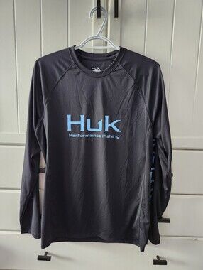 Huk Black Long Sleeve Performance Fishing Shirt with Blue Logo Sz S